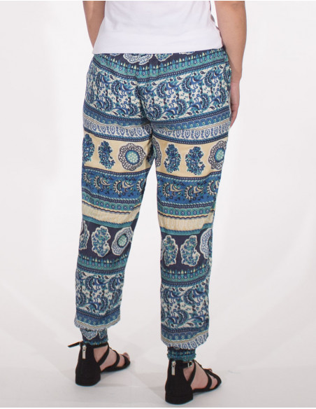 Pantalon ethnique boho chic avec imprimé éléphant bleu