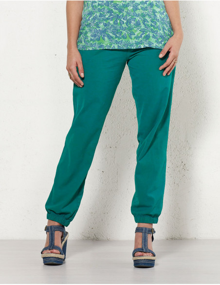 Pantalon en coton coupe droite pour l'été uni bleu émeraude