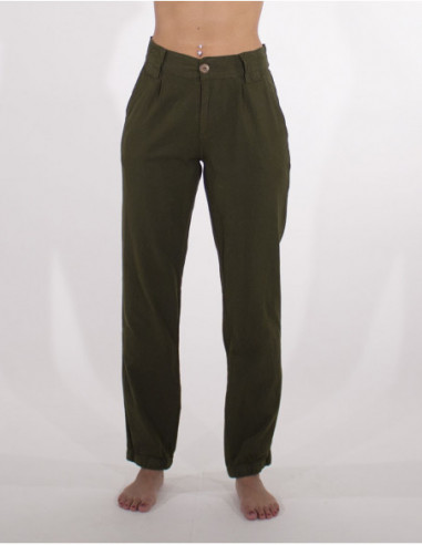 Pantalon en coton coupe droite pour l'été uni bleu émeraude