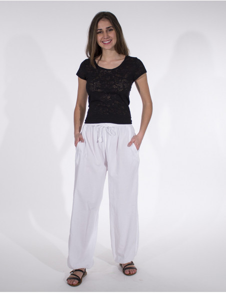 Pantalon en coton style sarouel pour femme ample et uni blanc