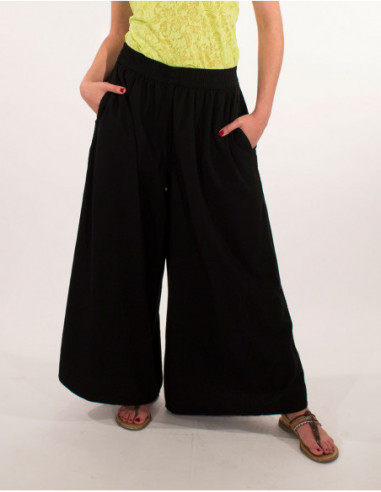 Pantalon oversize femme pour l'été uni noir en coton