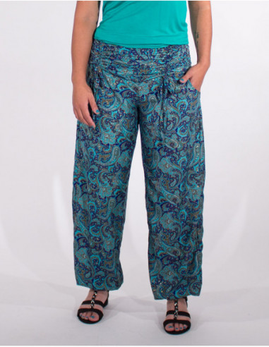 Pantalon ample original imprimé cachemire bleu menthe pour femme