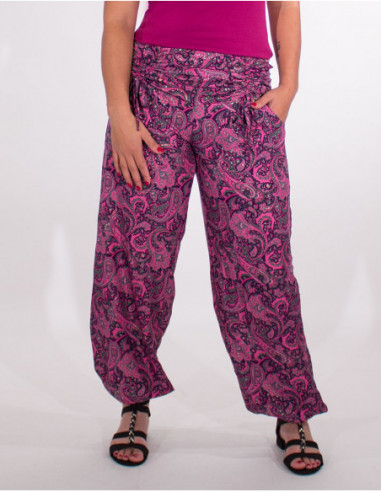 Pantalon large coupe aladin pour femme imprimé ethnique cachemire rose