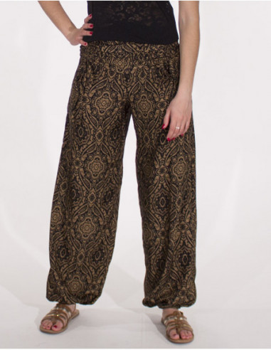 Pantalon large style aladin pour femme imprimé ethnique noir
