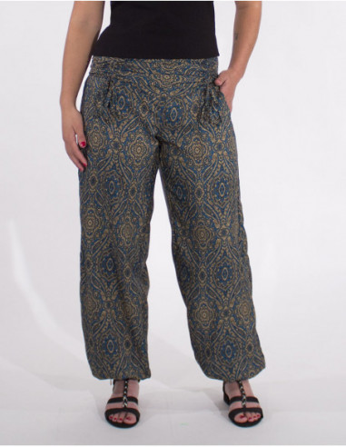 Pantalon large style aladin pour femme imprimé ethnique bleu pétrole