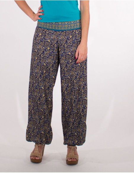 Pantalon style sarouel à fourche haute imprimé indien bleu marine