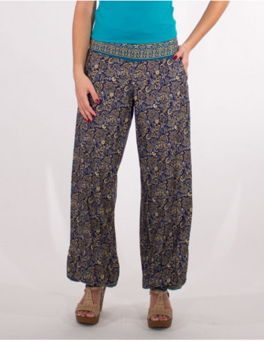 Pantalon large femme pour l'été avec élastiques et motif ethnique indien bleu marine