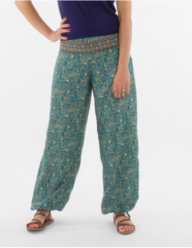 Pantalon large femme pour l'été avec élastiques et motif ethnique indien bleu pétrole