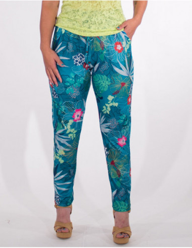 Pantalon fluide et cintrée pour l'été à imprimé tropical fleuri bleu pétrole