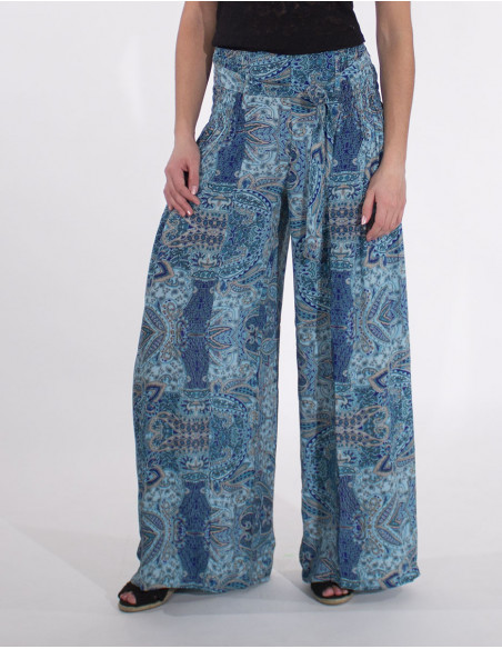 Pantalon large d'été à imprimé original bleu pour femme