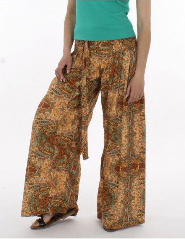 Pantalon large d'été à imprimé original noir et vert pour femme