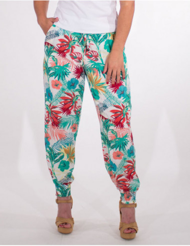 Pantalon slim d'été pour femme à imprimé fleurs tropicales blanc