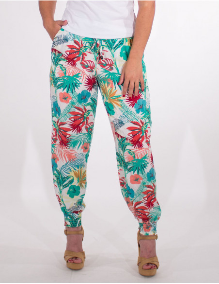 Pantalon fluide blanc motif fleuris elastique aux chevilles avec poches