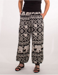Pantalon large pour femme à imprimé éléphant thaïlandais noir