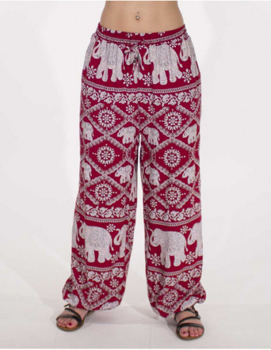 Pantalon large pour femme à imprimé éléphant thaïlandais bordeaux