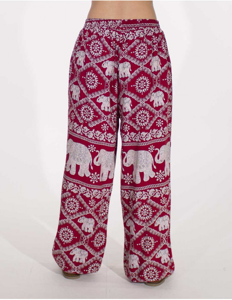 Pantalon fluide et large d'été à imprimé éléphant ethnique rouge bordeaux