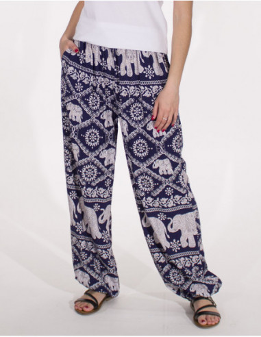 Pantalon large pour femme à imprimé éléphant thaïlandais bleu marine