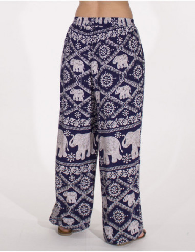 Pantalon fluide et large d'été à imprimé éléphant ethnique bleu marine