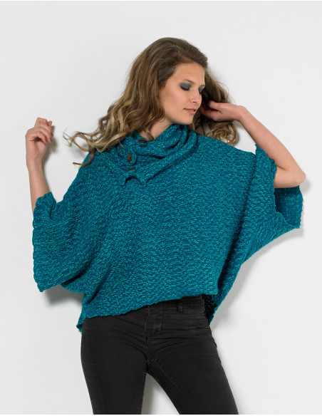 Pull poncho manche chauve souris bleu petrole