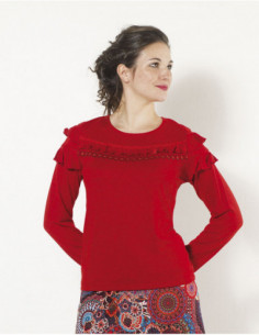 Pull femme boho chic avec volant uni