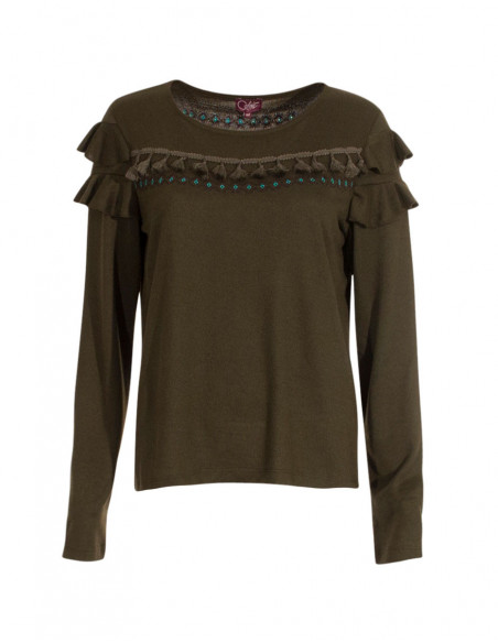 Plain boho sweater with small ruffles