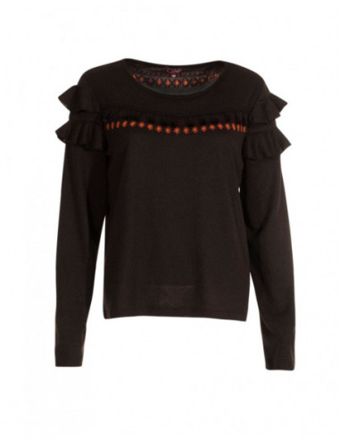 Pull femme boho chic avec volant uni noir