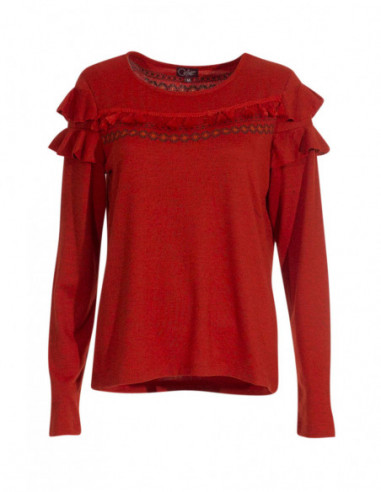 Pull femme boho chic avec volant uni rouge