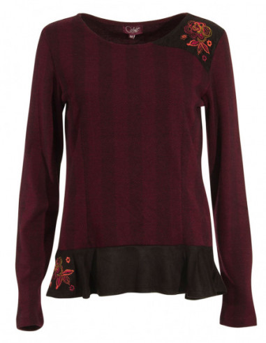 Pull chevrons romantique bohème avec broderies bordeaux