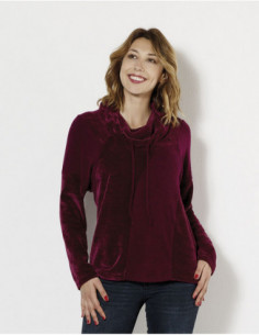 Pull doux femme effet velours à col tombant rouge bordeaux