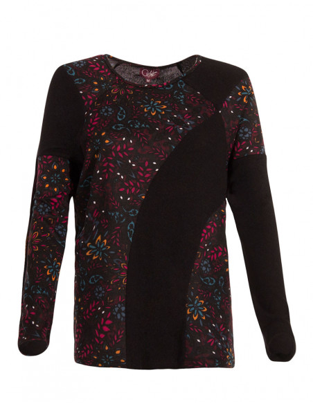 Pull original manches longues chauve-souris pour femme avec imprimé asymétrique noir