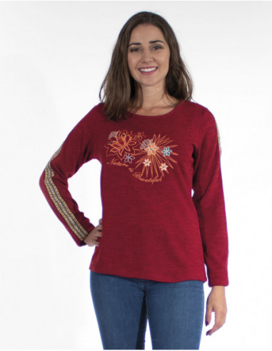 Pull fin pour l'automne basique avec imprimé fleuri rouge bordeaux