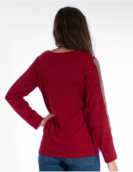 Pull fin femme imprimé bohème fleuri rouge bordeaux