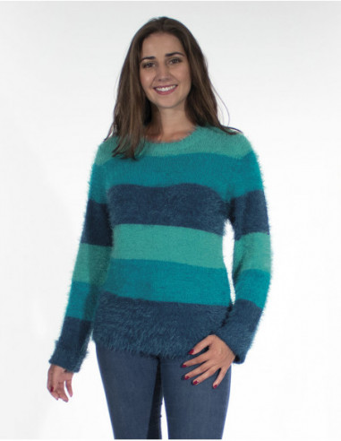 Pull tout doux pour femme rayé bleu émeraude