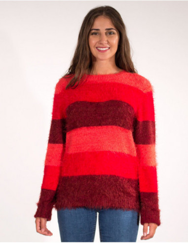 Pull femme chaud d'hiver à rayures nuances rouge