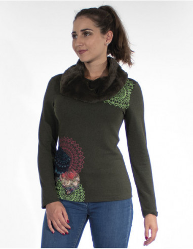 Pull femme d'hiver à col fourrure kaki