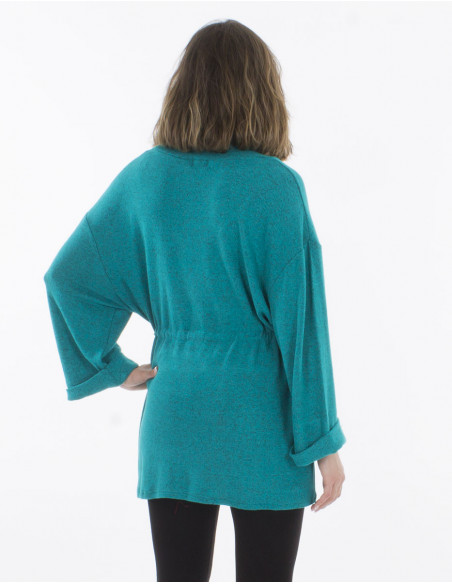 Pull femme doux ample col tombant bleu émeraude