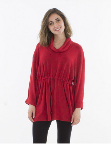 Pull femme doux ample col tombant rouge