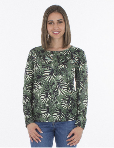 Pull femme léger pour l'automne avec imprimé original de feuilles vertes