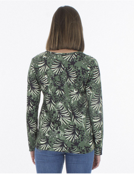 Pull fin femme bohème noir et vert motifs feuilles