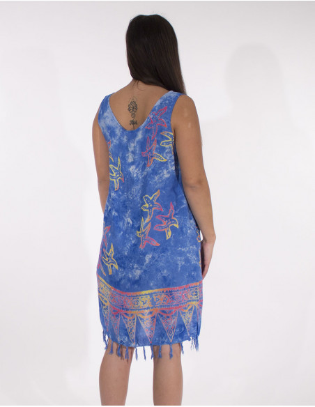 Robe courte de plage originale à motifs et franges bleu roi