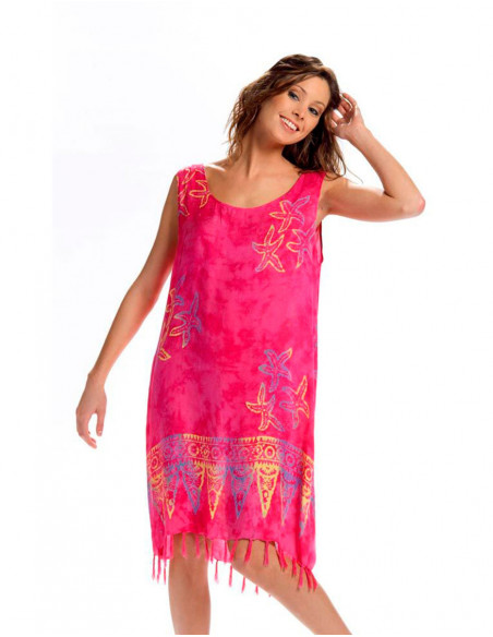 Robe courte de plage originale à motifs et franges rose fuchsia