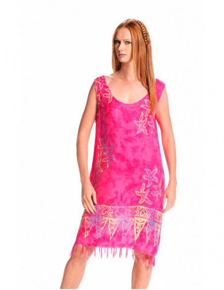 Robe courte de plage originale à motifs et franges fuchsia