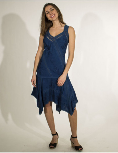 Robe courte asymétrique brodée bleu marine