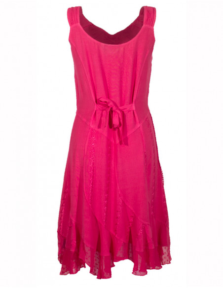 Robe mi-longue originale princesse brodée unie rose fuchsia