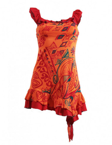 Robe courte d'été froncée originale baba cool orange