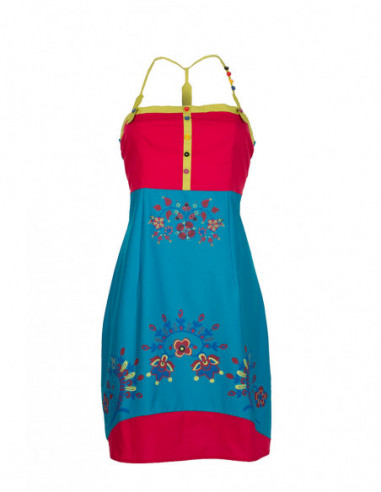 Robe courte d'été très originale baba cool multicolore bleu et rouge