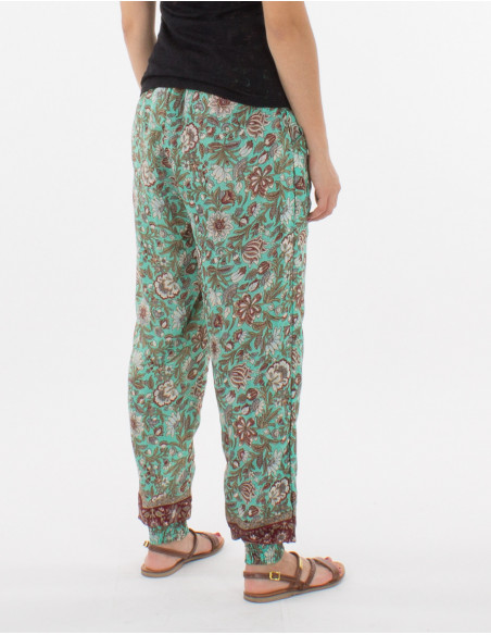 Pantalon loose confortable d'été avec imprimé fleurs bohème vert menthe