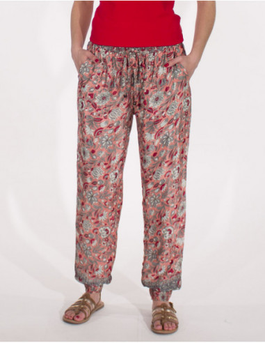 Pantalon loose confortable d'été avec imprimé fleurs bohème rouge