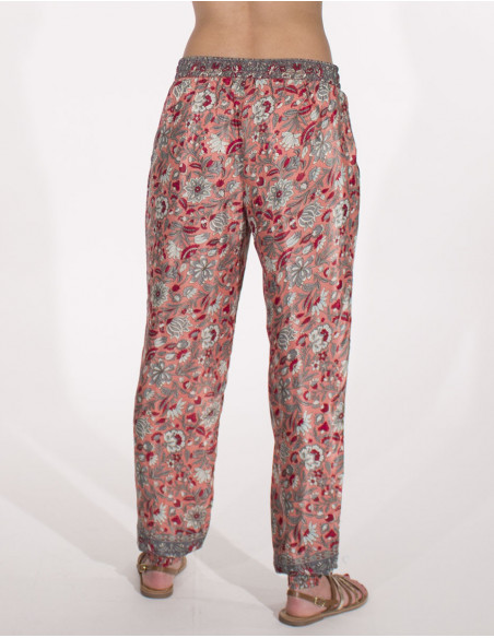 Pantalon léger d'été avec motifs fleurs bohème chic rouge