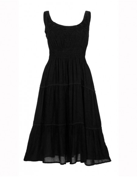 Robe légère élégante femme avec broderies et smock unie noire